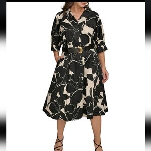 Donna Karan A-Line Sateen Dress Belted